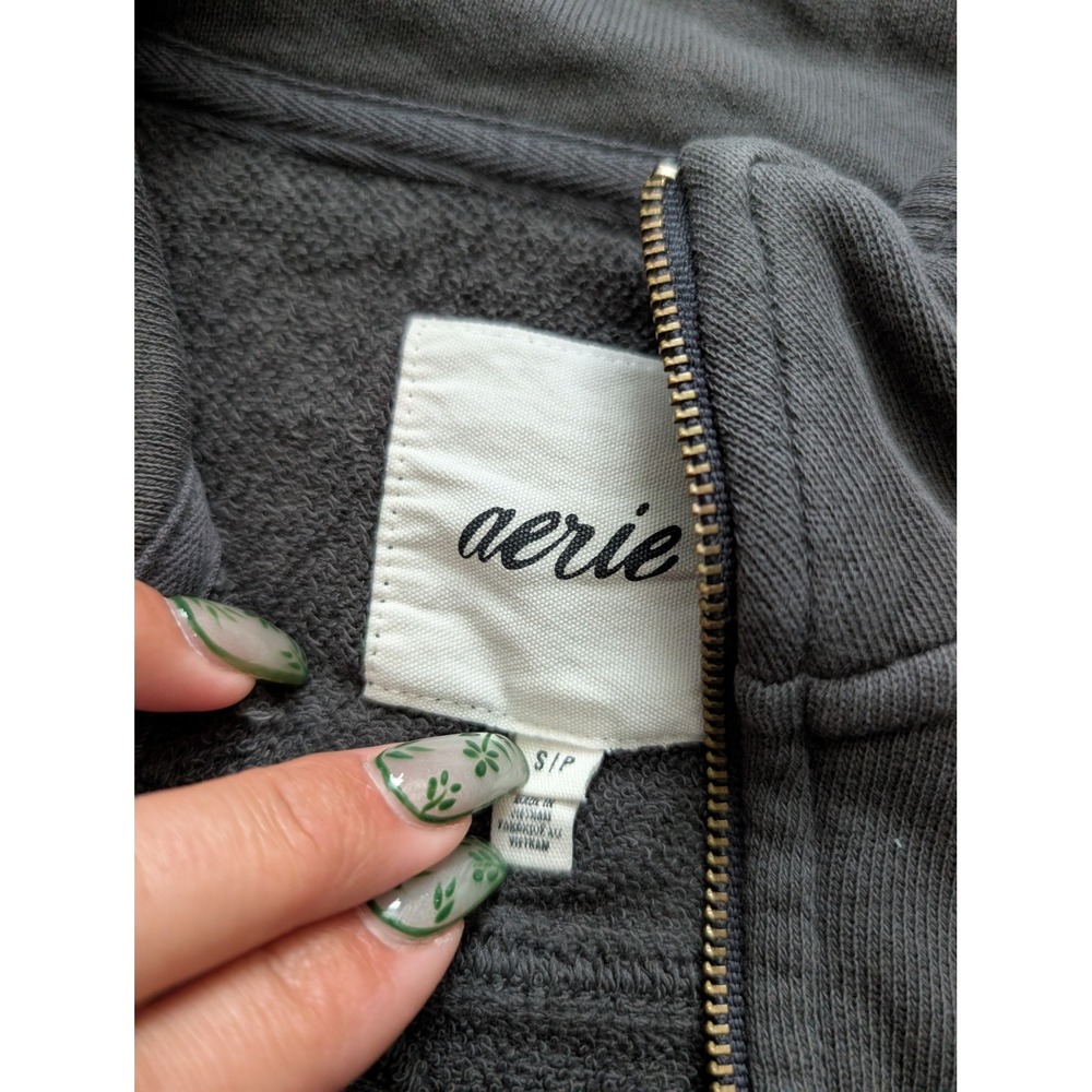 Aerie Womens Quarter Zip Sweatshirt Charcoal Grey Cropped Pullover Small - Picture 8 of 8